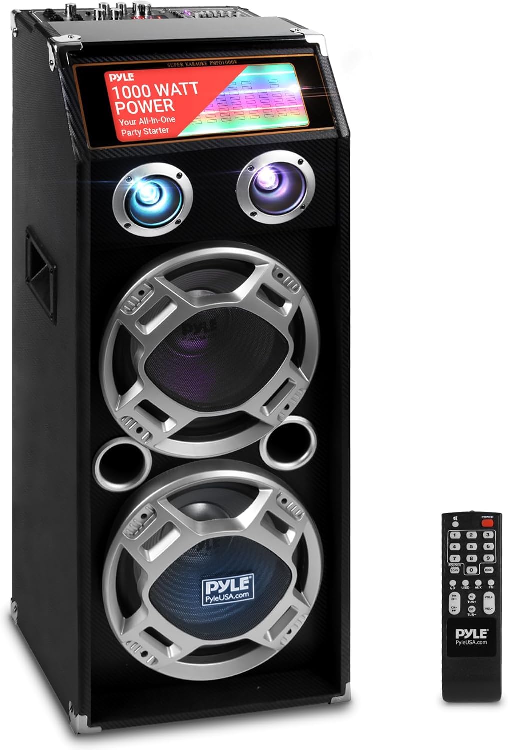 Pyle Sistema de altavoces PA activos inalámbricos - Altavoz portátil de alta potencia compatible con Bluetooth para exteriores de 1000 W con USB SD MP3 Radio FM AUX RCA Luces LED para DJ - Soporte de 35 mm, control remoto