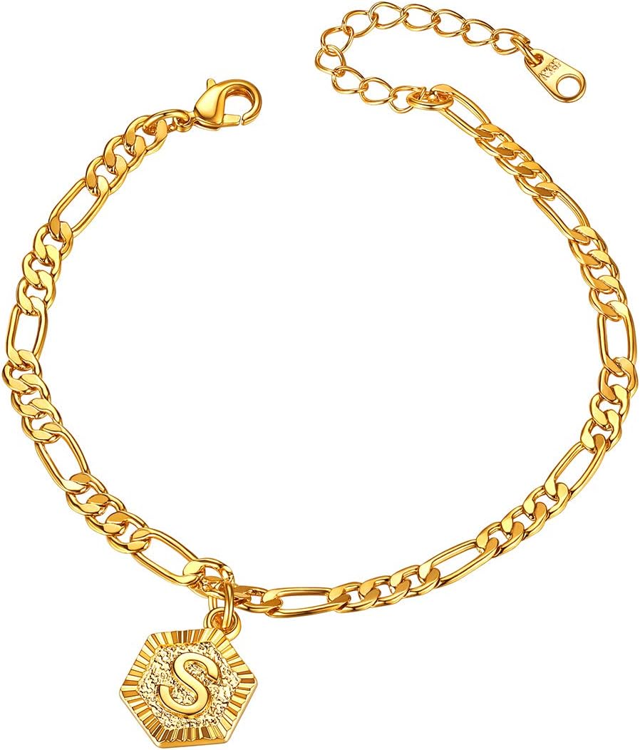 FOCALOOKYellow Gold Plated Initial Anklets for Women Summer Jewellery 4.5mm Figaro Foot Chain Adjustable 8.5inch with 2inch Extender for Large Size(Send Gift Box)Recycled Claim Standard Blended
