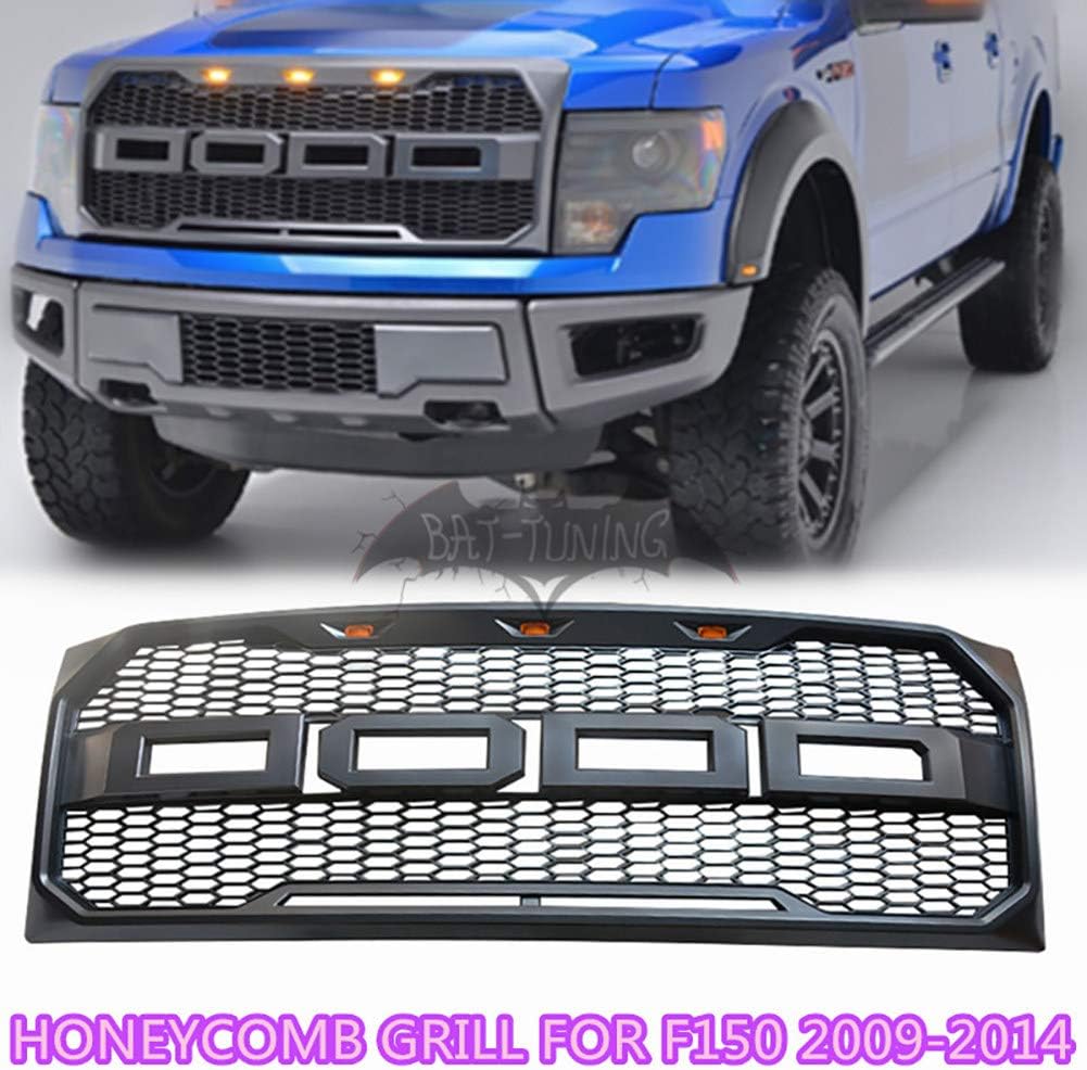 10JQK Honeycomb Grille Front Grille Gray/Black Fit For Raptor F-150 2009-2014 Raptor Front Bumper ABS Grille,Black