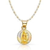 Ioka 14K Gold Virgin Mary Guadalupe Stamp Charm Pendant with 1.5mm Valentino Chain Necklace