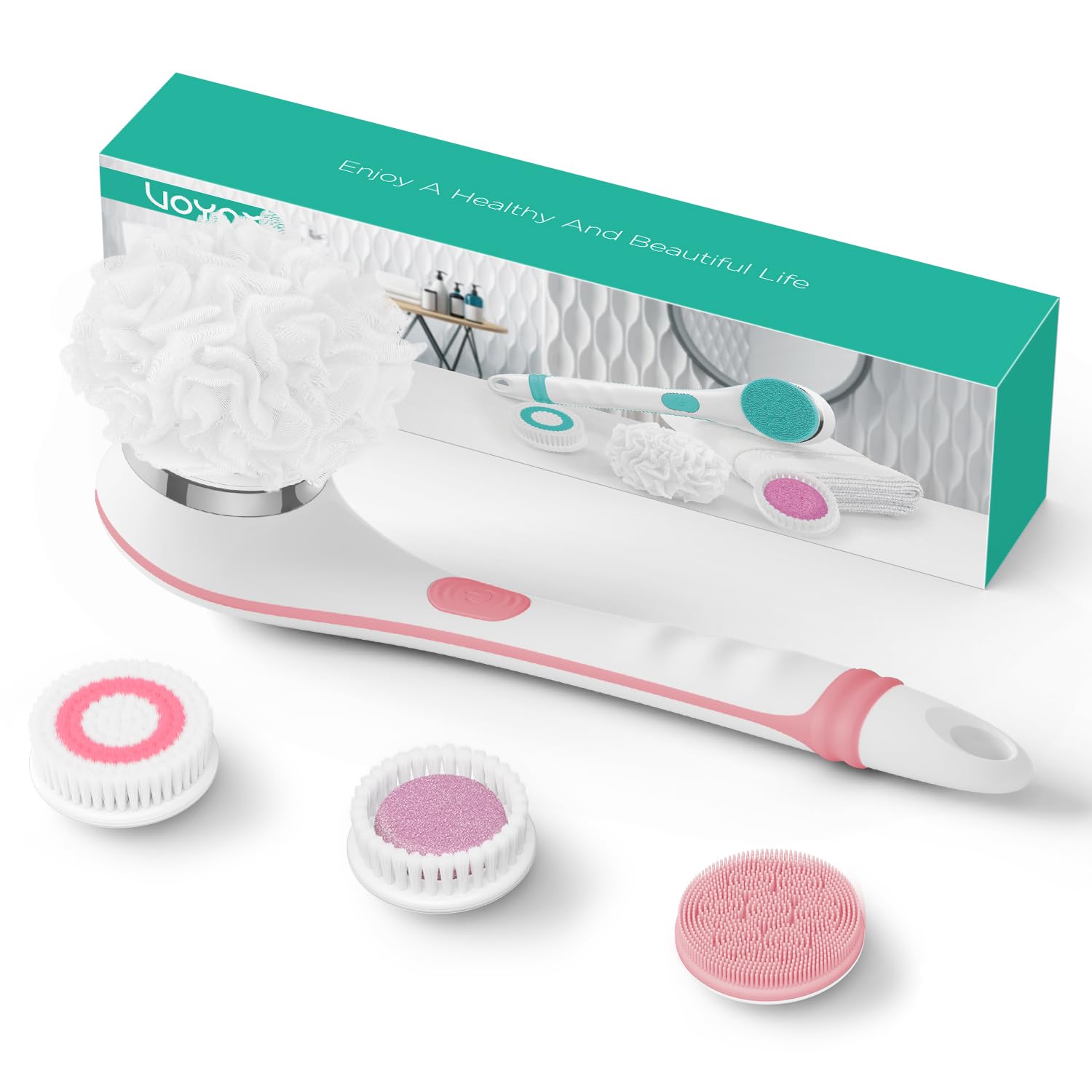 Photo 1 of VOYOR Electric Body Brush Back Scrubber for Shower Rechargeable Exfoliating Bath Brush Powered Shower Brush with Non-Slip Long Handle Deep Cleansing, Exfoliation, Massaging Spin Brush BC100 (Pink)