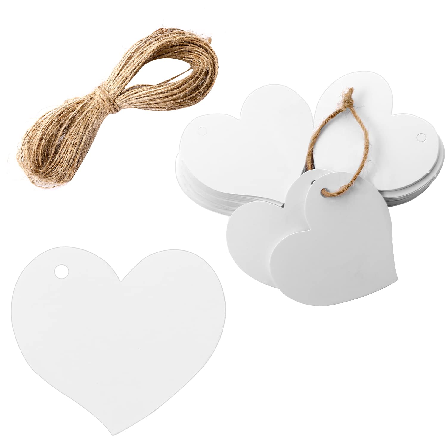 Sliverdew 100 Pcs White Heart Gift Tags with String Kraft Paper Tags Double Side Blank Gift Tag White Favor Tags for DIY Crafts, Gift Wrapping, Price Tags, Party Favor