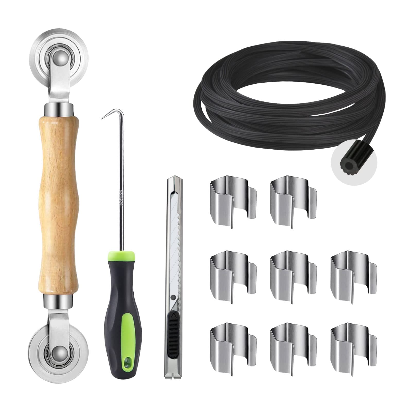 Photo 1 of HOMWMPA Screen Repair Kit, 5 in 1 Screen Tool - Screen Roller Tool, Spline Removal Hook,Screen Clips, Retainer Spline (32 ft) and Screen Cutter for Replacing & Installing Door and Window Screens