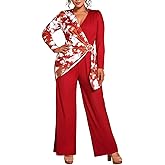 Wide Leg Jumpsuits for Women Dressy Long Sleeve Wrap V Neck Floral Print Jumpsuit Romper with Pockets