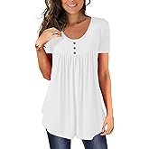 BeadChica Women's Tunic Tops For Leggings Short Sleeve Shirts Botton Up Casual Ruched Blouses Clothing-White-M