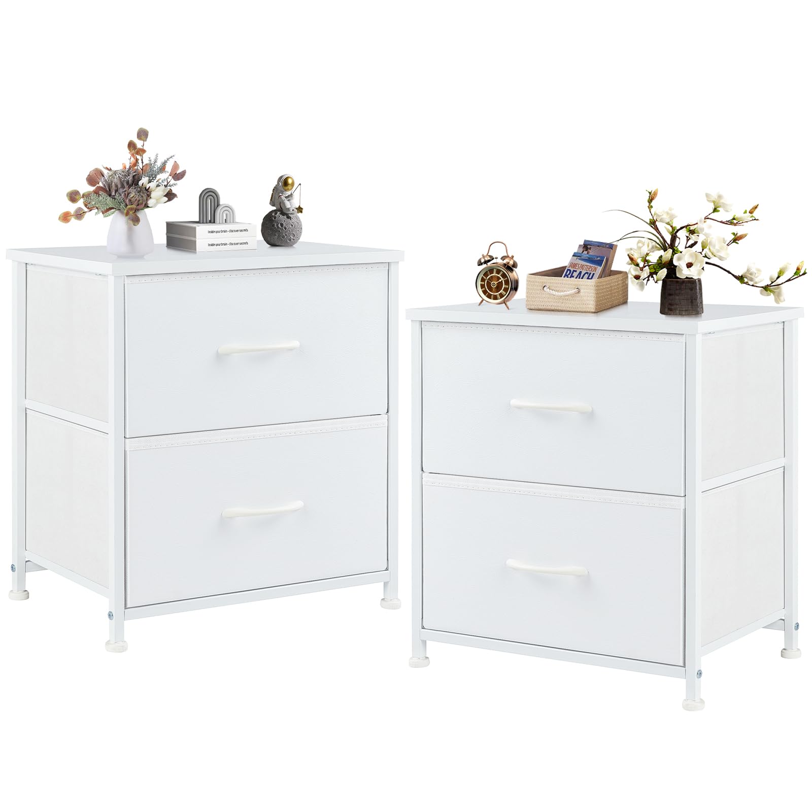 DUMOS Small Night Stand Set of 2 Fabric Drawer Dressers Short Bedside Tables for Room Organization Closet College Dorm Entry Storage 20 Inch Height Furniture,White Image