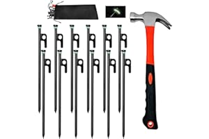 TIALERO 12Pcs Tent Stake with Hammer Set, 8in Tent Stakes Heavy Duty with 10.5in Camping Hammer, Storage Pouch, Forged Steel Tent Stakes for Camping Used on Rocks, Grassland(12Pcs 8in Stakes+Hammer)