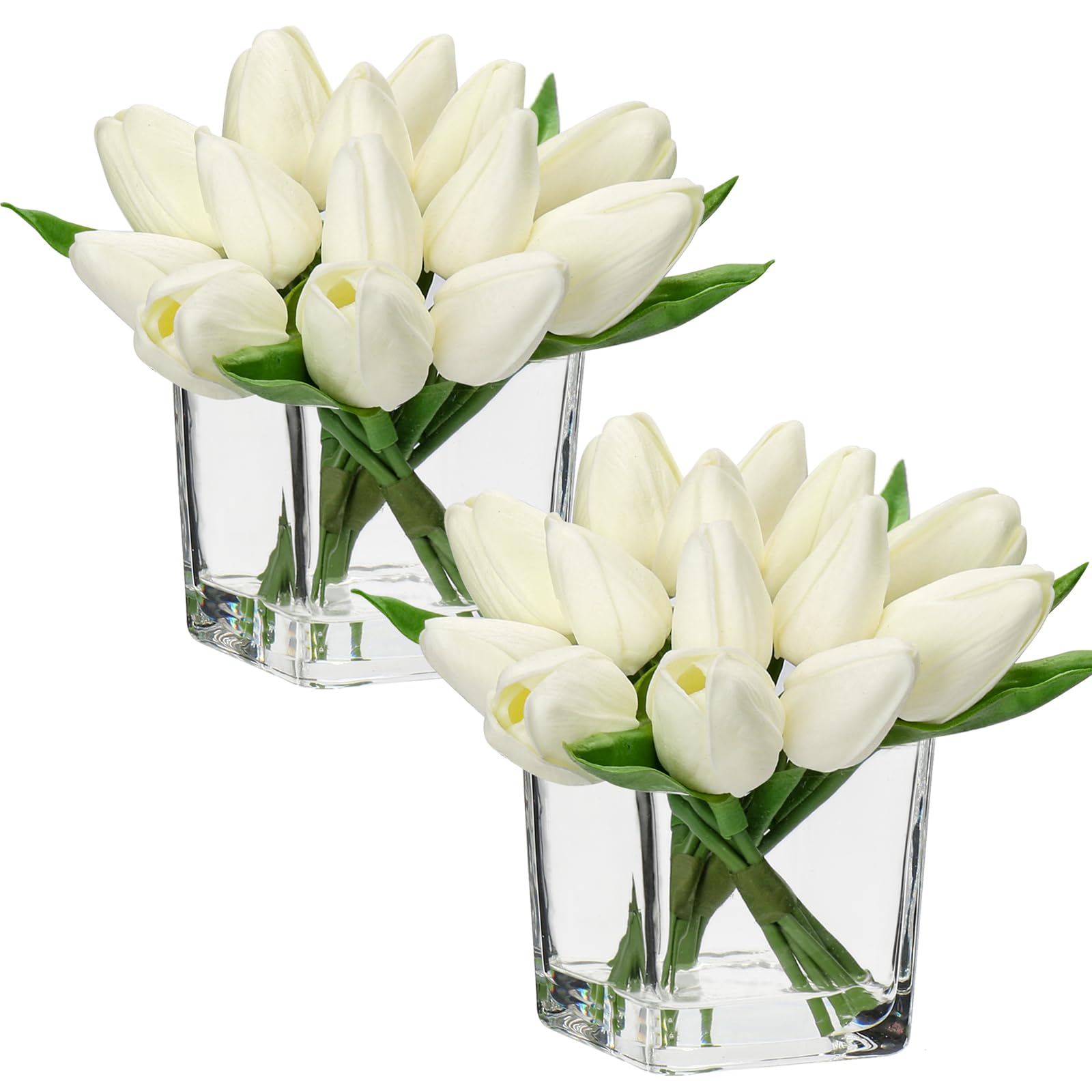 Photo 1 of DILATATA Artificial White Tulips in Vase with Faux Water 5.5" Real Touch Flowers Fake Tulips Small Flowers Arrangement in Cube Glass Vase for Mother's Day Table Centerpiece Wedding Home Decor 2 Pack
