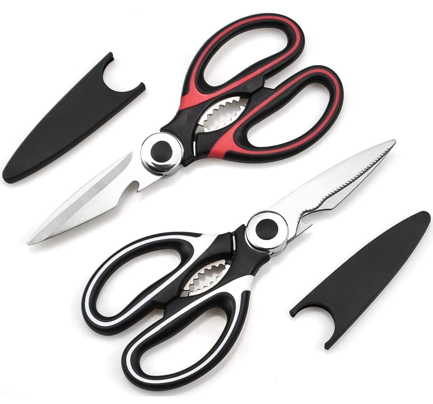2 Pcs Kitchen Scissors, Heavy Duty Utility Food Scissor, Stainless Steel Kitchen Shears with Cover, Sharp Cooking Scissors for Meat Chicken Fish Nut Vegetable Herb, Bottle Opener (White & Red)