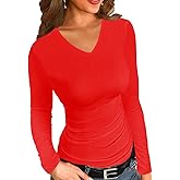 Afibi Women Ribbed Long Sleeve V Neck Slim Fit Stretchy Basic T Shirts Tops