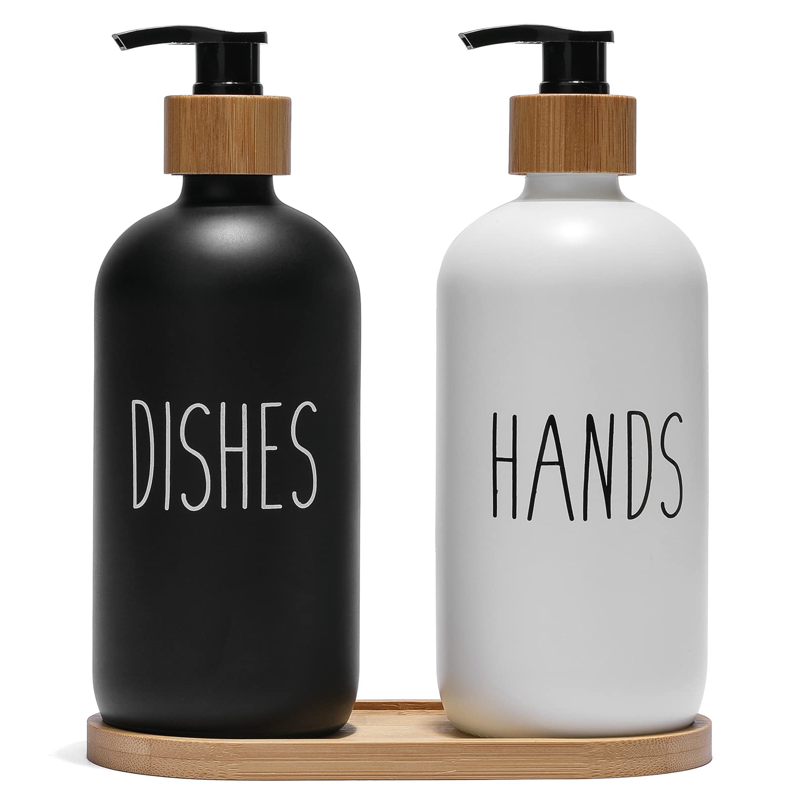 FEILANDUO Glass Soap Dispenser Set, Kitchen and Bathroom Dispenser with Bamboo Pump and Soap Tray, Farmhouse Home Decor (Black + White)