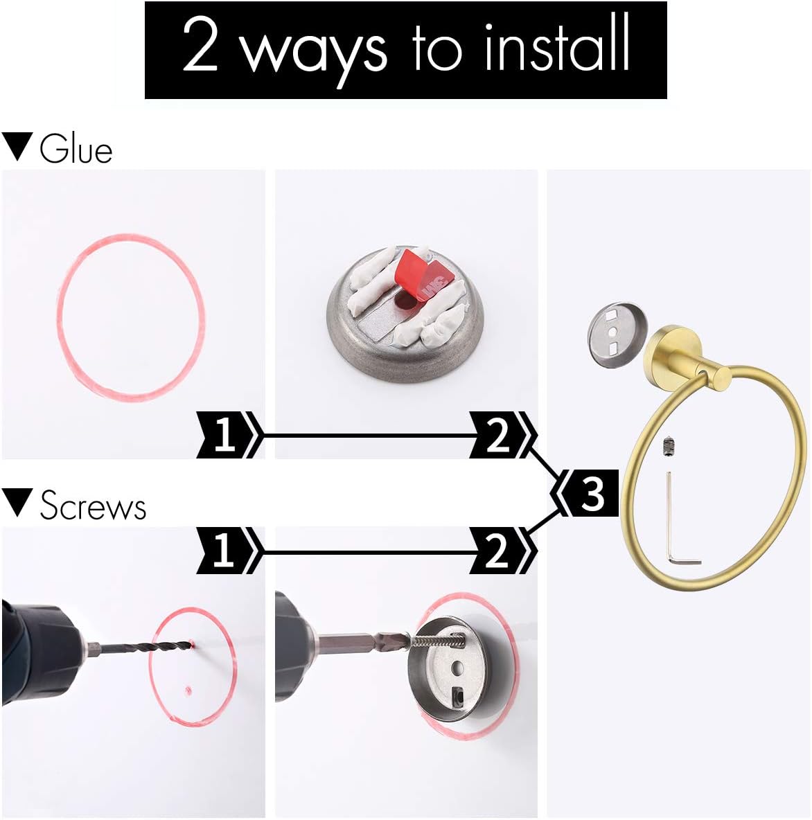 KES Brushed Gold Towel Ring Bathroom Hand Towel Holder Round No Drill Wall Mount SUS 304 Stainless Steel Brushed Brass Finish, A2180DG-BZ - - 