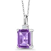Gem Stone King 925 Sterling Silver Gemstone Birthstone Solitaire Pendant Necklace for Women | Emerald Cut 9X7MM and 2MM Round White Accents | With 18 Inch Chain | Fine Jewelry for Her Mom Wife