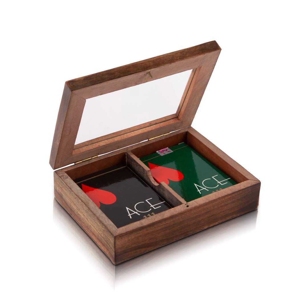 Unique Birthday Gift Ideas Handcrafted Classic Wooden Playing Card Holder Deck Box Storage Case Organizer With 2 Sets of Premium Quality 'Ace' Playing Cards Anniversary Housewarming Gifts Him Her