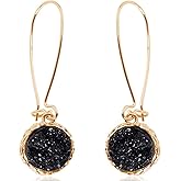 Simulated Druzy Threader Drop Earrings for Women - Gold, Silver, or Rose Gold Tone Trendy Boho Dangles with Sparkly Round Stone