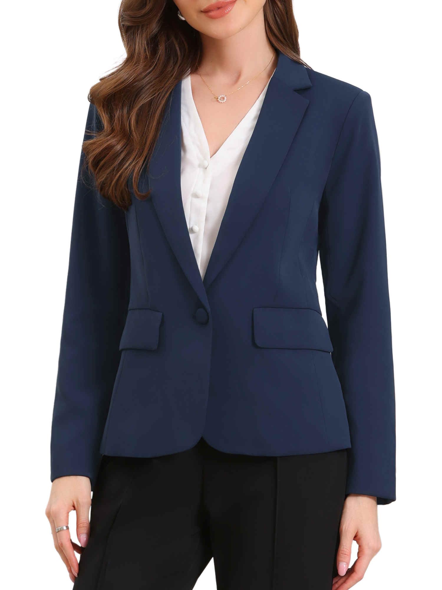 Photo 1 of Allegra K rs for Women Business Casual Long Sleeve One Button Pockets Suit Jackets Work Office Blazer with Shoulder Pads Medium Deep Blue