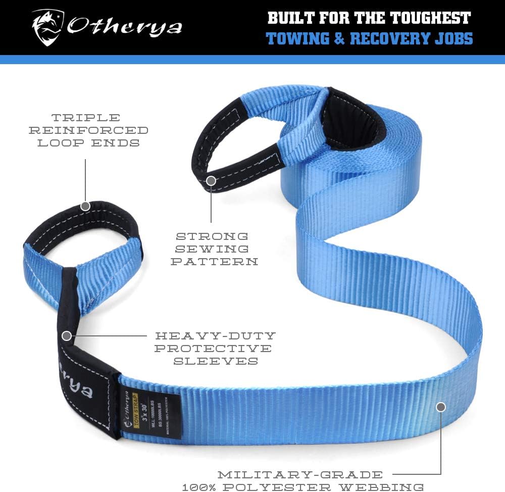 Recovery Tow Strap 3'' x 30 ft - Lab Tested 30,000lb Break Strength - Heavy Duty Draw String bag Included - Triple Reinforced Protective Loop - Ensure Peace of Mind - Emergency Off Road Towing Rope: Automotive