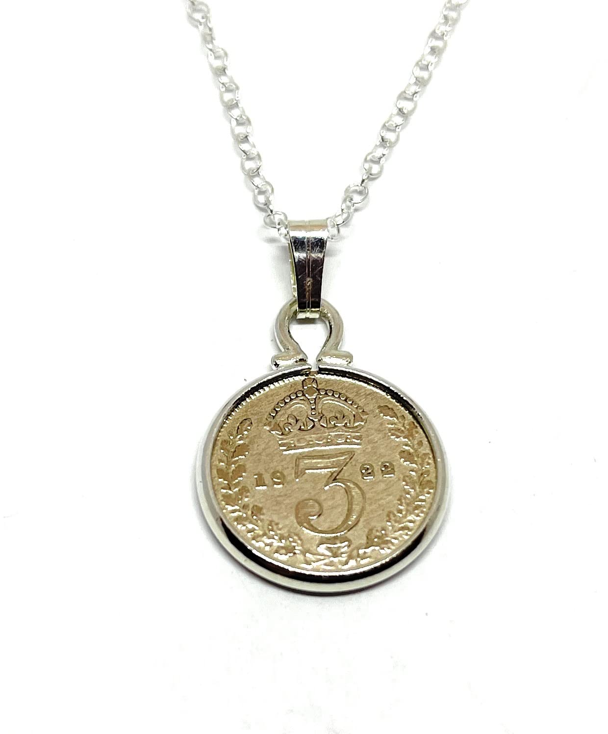 FloralStem Cinch Pendant 1922 Threepence 3D 103rd Birthday plus a Sterling Silver 18in Chain