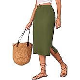 Naggoo Green Skirt Women Summer Elastic High Waisted Side Slit Midi Skirt Olive M