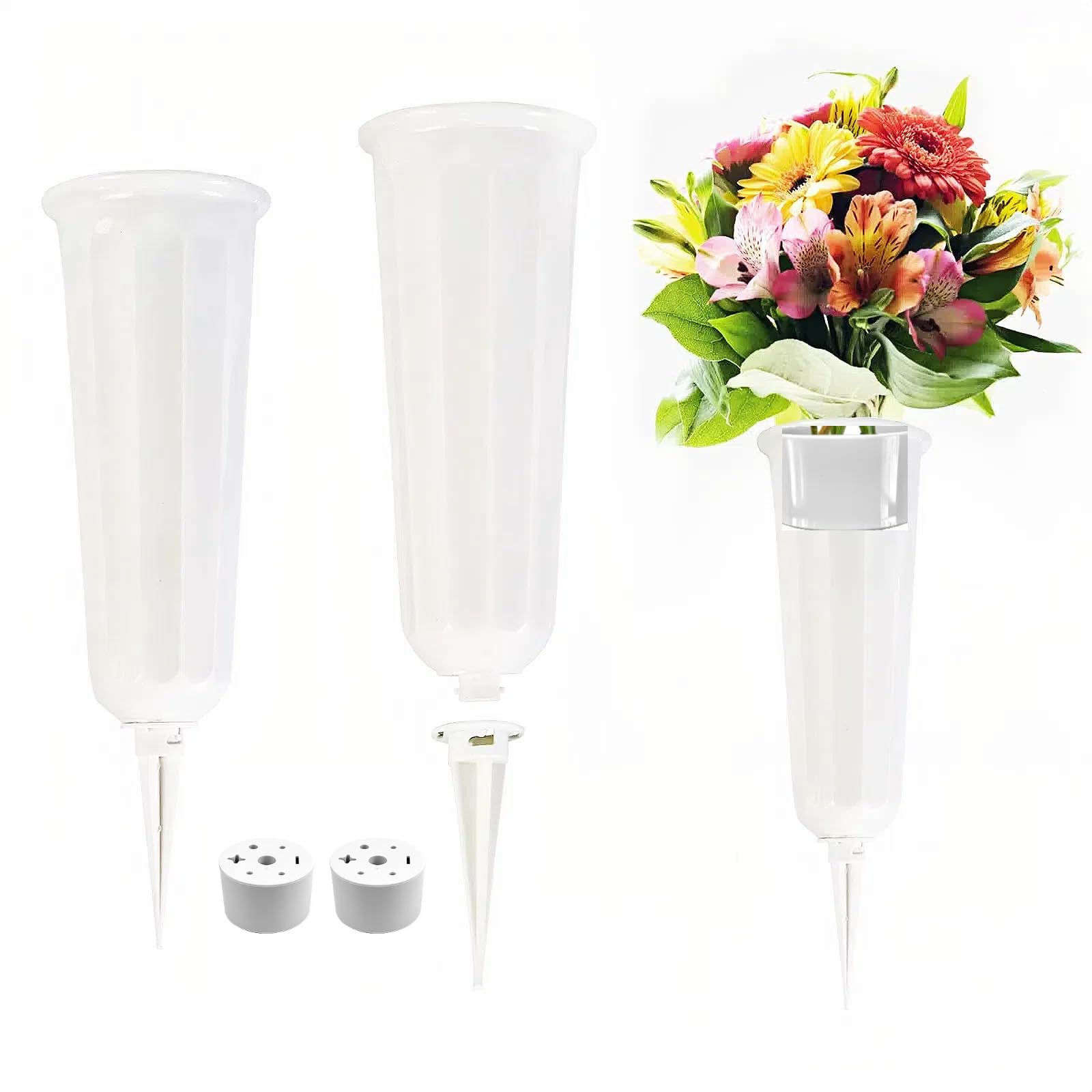 2PCS Memorial Grave Vases, Cemetery Vases With Spikes And Base, Plastic Grave Flower Pots - White