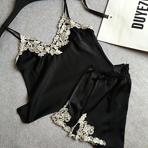 Wanglele Women'S Home Wear Satin Surface Dress Embroidery Silk Satin Sling Shorts Pajama Set Ladies' Wear Pajama, A Black, L