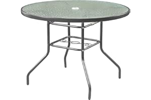 Garden Elements Outdoor Patio Furniture, Round Dining Table, Steel Base and Rim with Water-Wave Glass Top, Grey, 40"