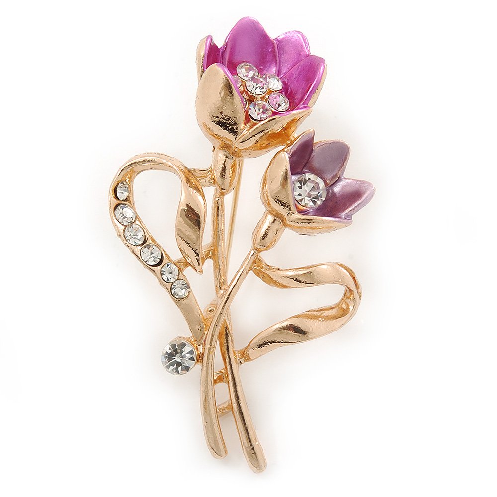 Fuchsia/Pink Crystal Tulip Brooch In Gold Tone - 55mm L