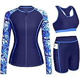 Daci Women 3 Piece Rash Guard - 3PC Long Sleeve Zip up Swim Shirt Sports Bra Modest Swimsuit with Shorts