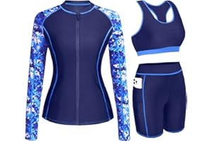 Daci Women 3 Piece Rash Guard - 3PC Long Sleeve Zip up Swim Shirt Sports Bra Modest Swimsuit with Shorts