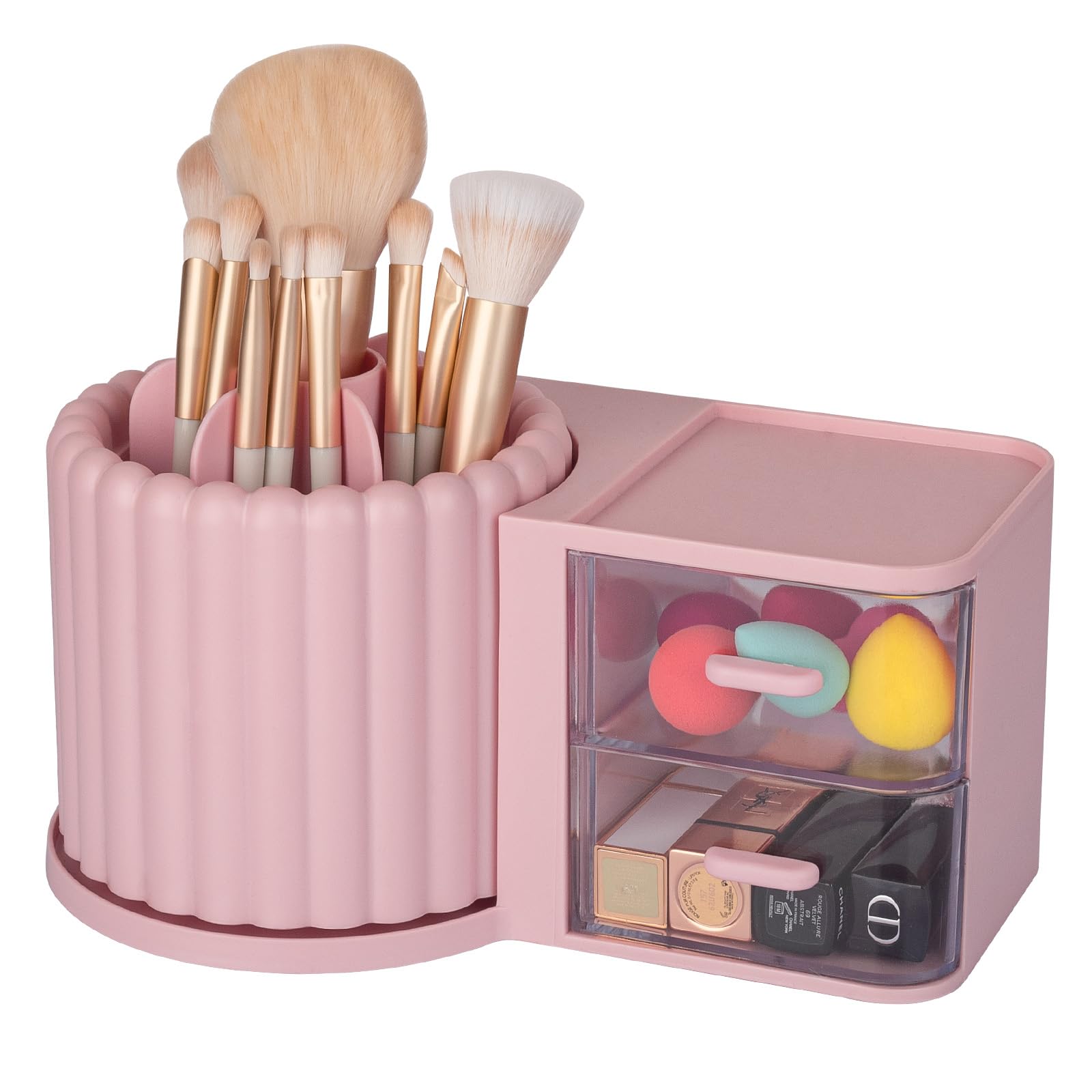 Photo 1 of Anyoifax 360 Rotating Makeup Brush Holder 7 Slots Makeup Organizer with Drawer Removable Spinning Cosmetic Storage Pen Holder for Vanity, Dresser, Desk, Pink