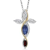 Cross Necklace For Women In 925 Silver and 10K Yellow Gold with Blue Sapphire and Lab Grown Diamond and Garnet | 1.41 Cttw | Jesus Christian Religious Crucifix | Marquise 8X4MM | With 18 Inch Chain