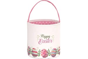 LessMo Easter Bunny Basket Egg Buckets Gifts Tote Bags, Canvas Cotton Pink Cute Personalized Egg Hunt Basket Stuffers for Easter Party