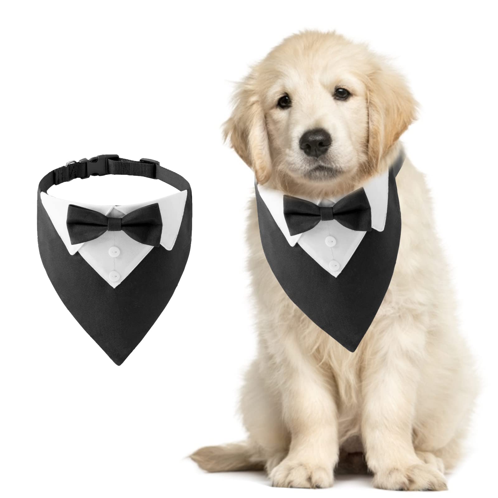 HACRAHO Formal Dog Tuxedo Bandana, 1 PCS Dog Tuxedo Cotton Bandana Dog Wedding Collar with Bow Tie and Neck Tie Adjustable Black Pet Costume Bowtie Neckerchief for Small Dogs and Cats, S