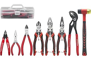 HOUSERAN 8-Piece Tool Set with Case Including 10” Groove Joint Pliers, 8.3” Long Nose, 8.3” Linesman, 7.5” Diagonal, 6” Flush Cutter, 5” Long Nose, 5” 170 Cutter, 25mm Rubber Mallet for DIY & Home Use