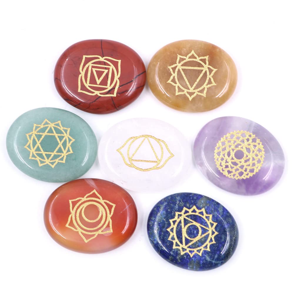 Tiardey Healing Stones - 7 Polished Round Engraved Stones Reiki Healing Crystal Balance Chakras Holistic Stones -7 Gold Carved Characters Chakra Stones