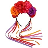 YWZDS Mexican Flower Crown Headband with Ribbon, Day of the Dead Floral Headpiece, Halloween Costume Hair Accessory