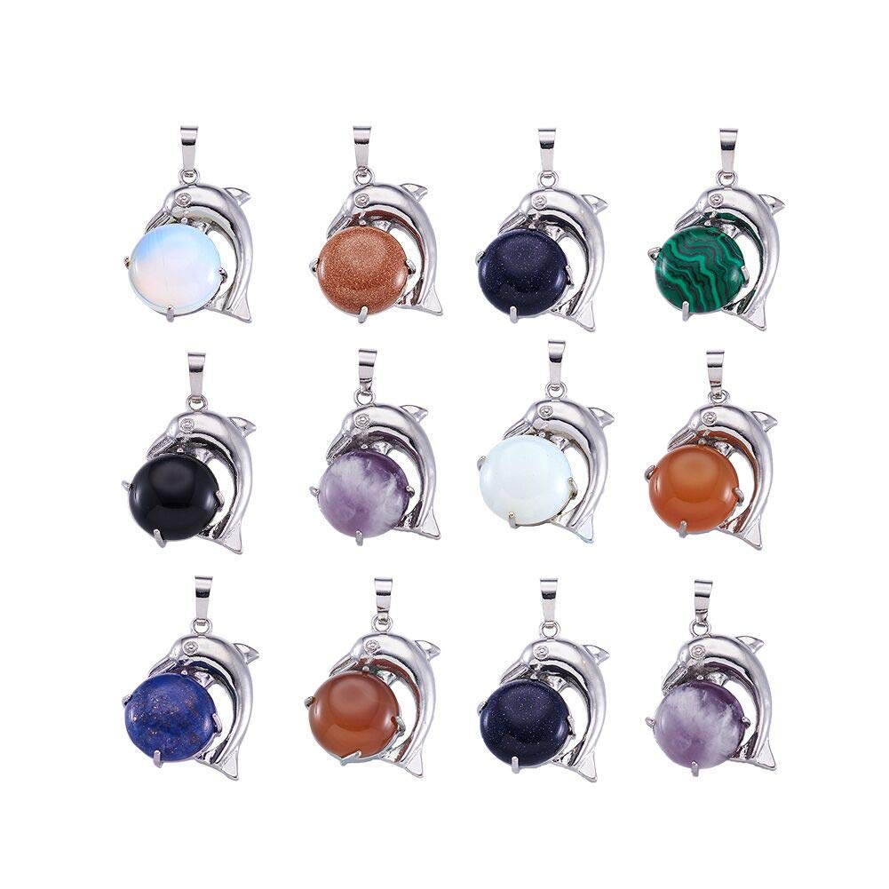 PandaHall 10pcs Dolphin Natural Mixed Stone Pendants Healing Chakra Gemstone Charms Pendants for DIY Necklace Jewelry Making, Random Mixed Color