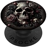 Skull and Roses Floral Black Dark Goth Horror Skull PopSockets Adhesive PopGrip