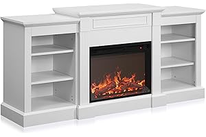 BELLEZE Modern 66" Electric Fireplace Heater Mantel TV Stand & Media Entertainment Center for TVs up to 66" with Energy-Efficient Heater With Sound and Side Shelves - Lenore (White)