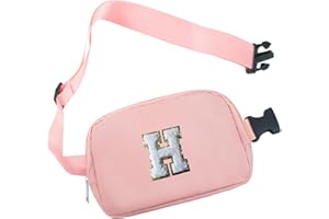 COSHAYSOO Pink Small Waist Fanny Pack Belt Bag with Initial Letter Patch Crossbody Adjustable Strap for Women Teen Girl Traveling Cycling, Mini Cross body Travel Purse Everywhere Kawaii Pouch (H)