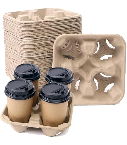 HOZEON 100 Pack 2-Cup Pulp Fiber Drink Carriers - Disposable Coffee Cup Holders For Takeaway