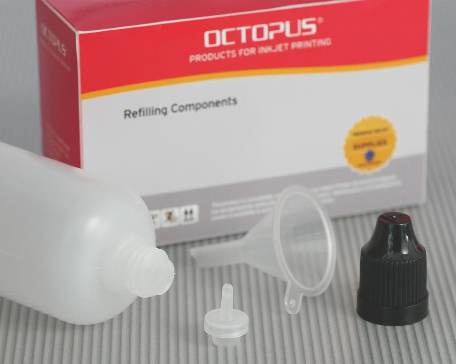Octopus 10-Pack 100ml LDPE Plastic Bottles with Black Lids, Funnel + Measuring Cup + Labels. Dosing - Image 4