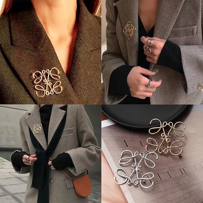 Elegant Gold Tone Interlocking Letter Monogram Brooch Pin for Women - Versatile Metal Accessory for Coats, Scarves, Bags & Outfits