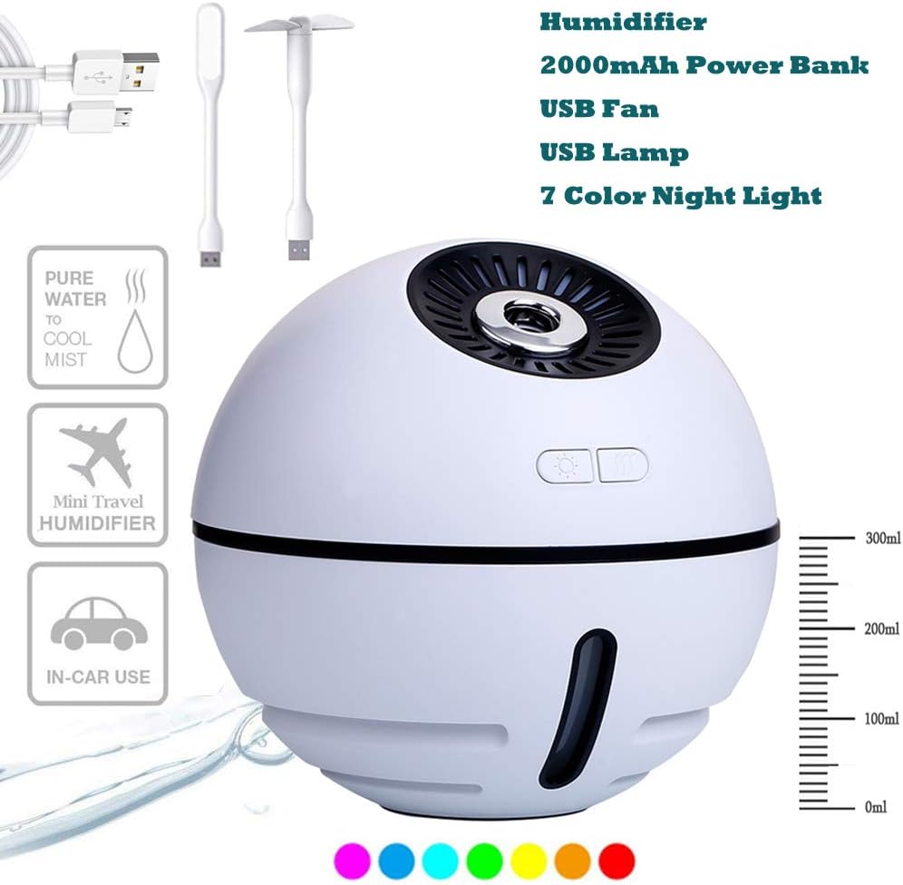 Portable Cool Mist Humidifier 300ml Portable Rechargeable Battery Operated Wireless Small Vaporizer - Auto Shut-Off - 7 Colors Warm Lights - Whisper-Quiet for Car/Bedroom/Home/Baby/Office (White)