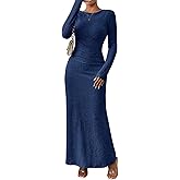 MITILLY Fall Dress for Women 2026 Long Sleeve Maxi Dress Formal Crew Neck Bodycon Ruched Cocktail Party Dresses