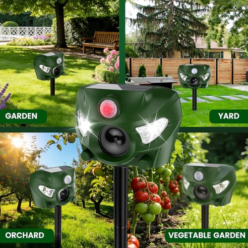 Ultrasonic Animal Deterrent Outdoor, Solar Power Cat Rodent Raccoon Repeller, Rabbit Snake Control Device with Motion Sensor and FIashing Light, Waterproof Outdoor Animal Device for Deer Squirrel