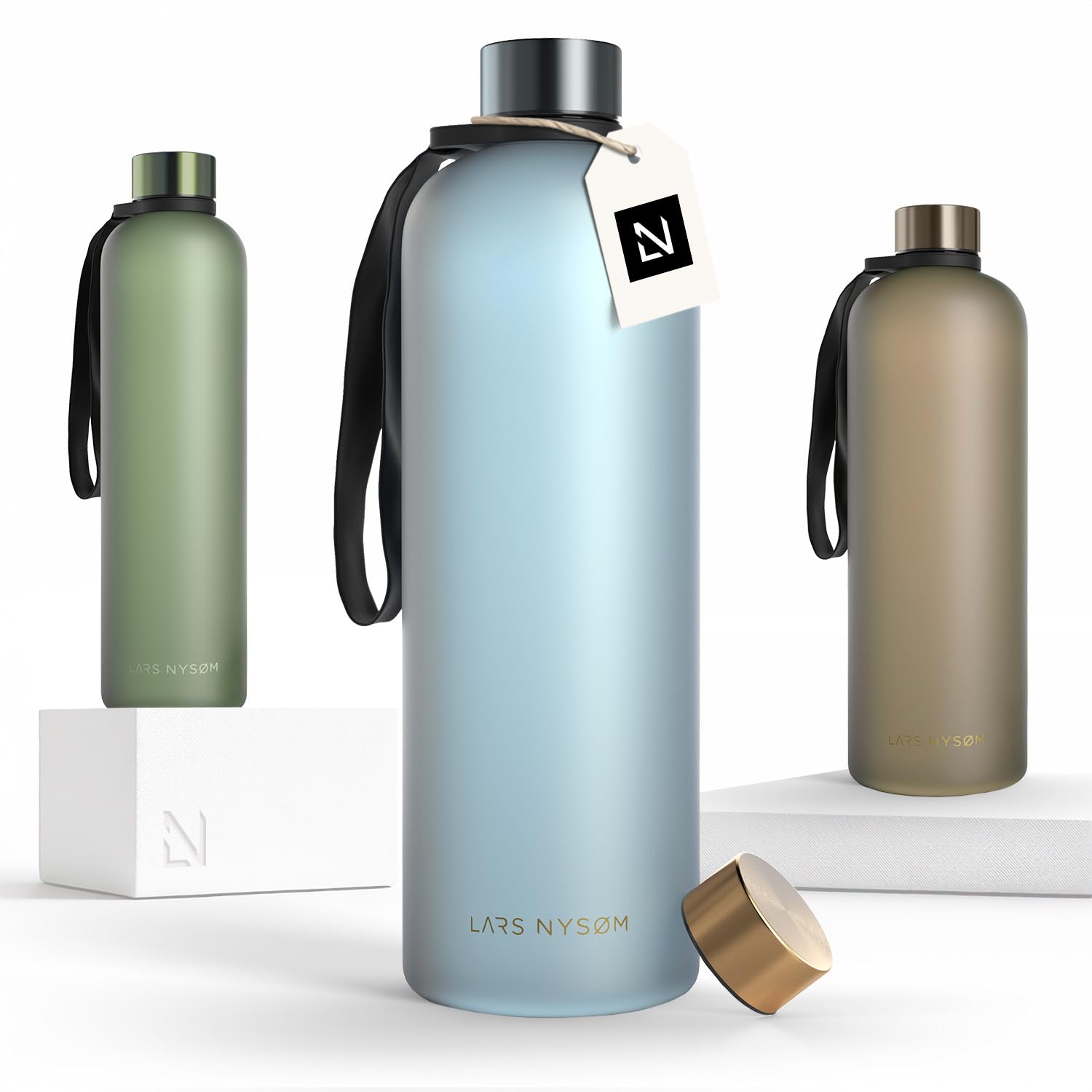 LARS NYSØM Water Bottle 51oz | Drinking Bottle 1,5Liter | Ultralight Tritan Sports Flask leak-proof | Ideal for sports, office, yoga | 2 lids included (Blue - Gold, XL 1500ml)