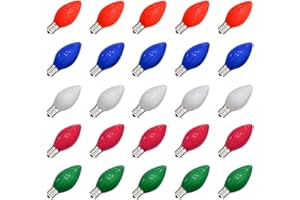 SUNSGNE 25 Pack C7 Multicolor Christmas Replacement Bulbs, Vintage Multicolor Ceramic Light Bulbs for C7 Christmas String Lights, E12/C7 Candelabra Base, 5 Watt