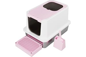 RIZZARI Enclosed Cat Litter Box:Stainless Steel Large Top-Entry & Front-Entry Design with Odor Control - High-Sided Pink Litter Pan for Easy Clean Multi-Cat Homes - for Apartments - Hallways