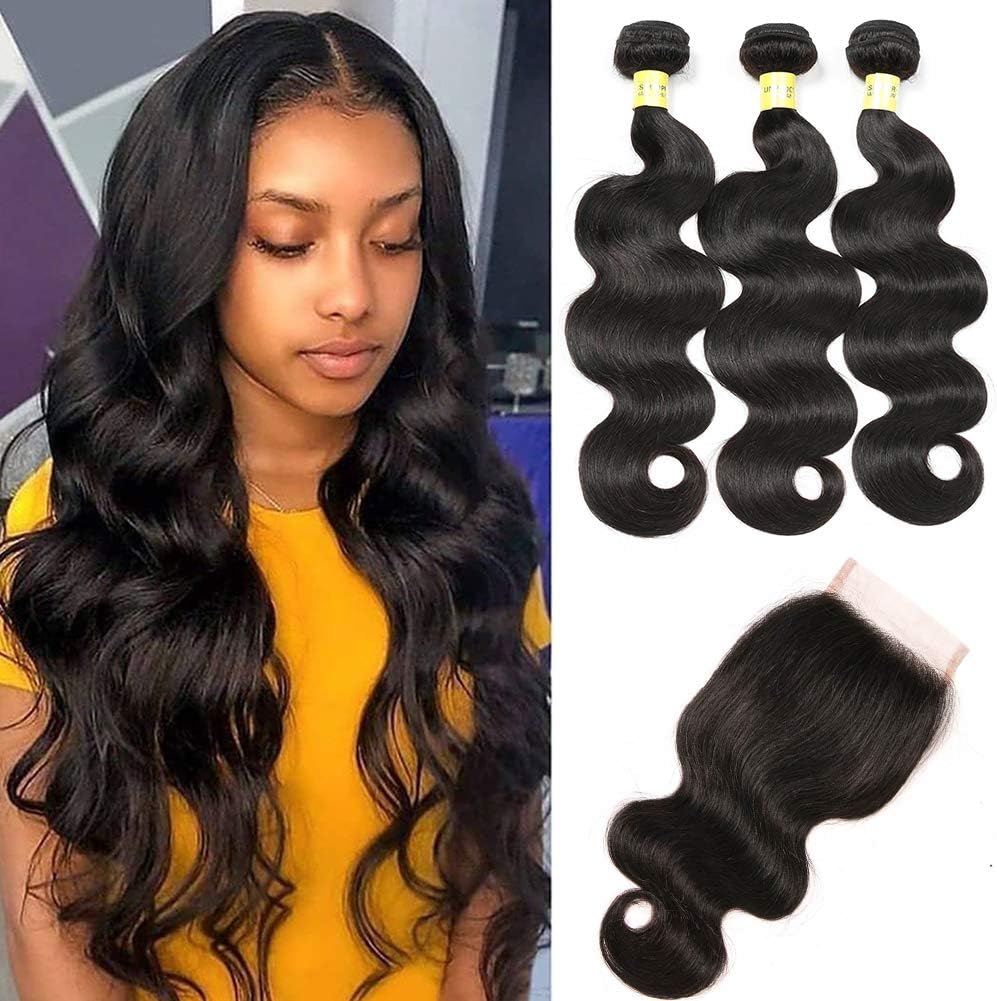 Mureen Brazilian Hair 3 Bundles with Closure Body Wave 4×4 Virgin Hair Lace Closure with Bundles Unprocessed Human Hair Extensions Weave Weft With Closure Natural Color (14 16 18 +12, Free Part)
